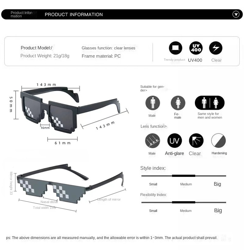 Óculos de sol retrô preto pixe - Gaming Glasses Uv avaliação e preço